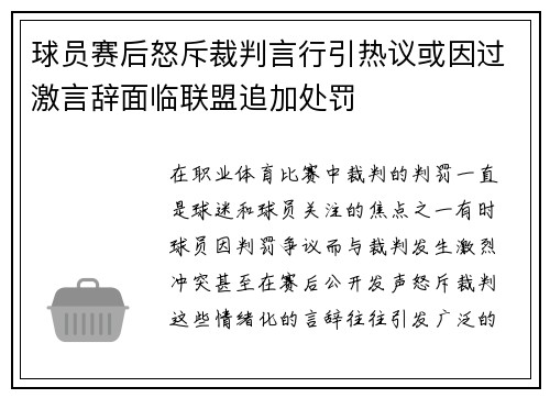 球员赛后怒斥裁判言行引热议或因过激言辞面临联盟追加处罚